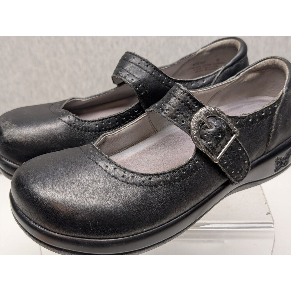 Alegria By PG Lite Black Kou-801 Women Strap Leather Shoes Sz 37 Slip Resistant